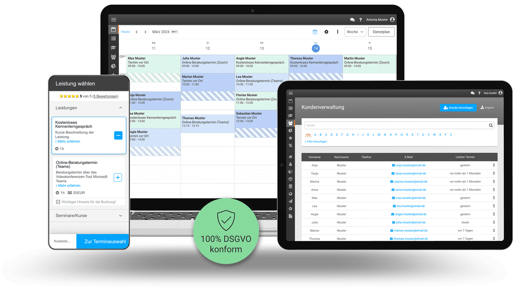 MockUp Smartphone, Tablet und Laptop mit sichtbarer Online Buchung, Kundenverwaltung und Kalender + DSGVO-konform Badge.